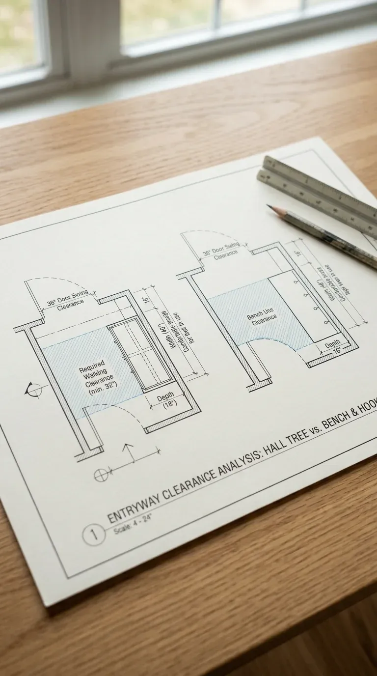 Floor plan diagram showing clearance zones, door swings, and depth requirements for entryway furniture