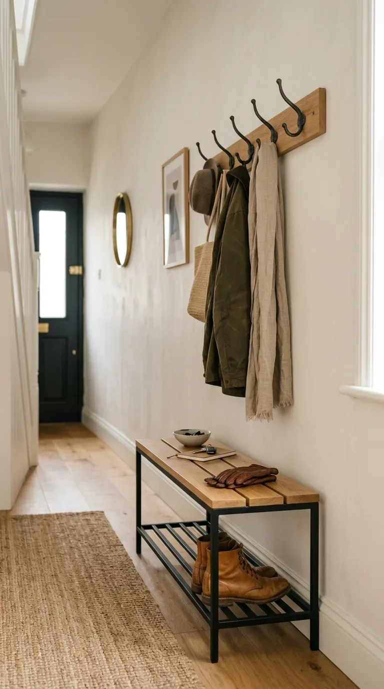 Narrow foyer with a slimline metal entryway bench placed under a row of wall coat hooks