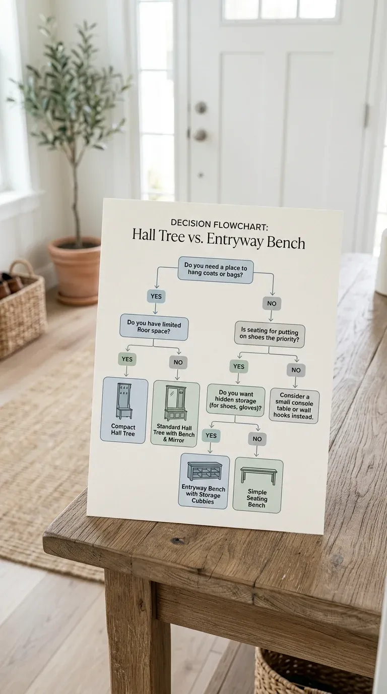 Flowchart guiding the reader through deciding between a hall tree and an entryway bench