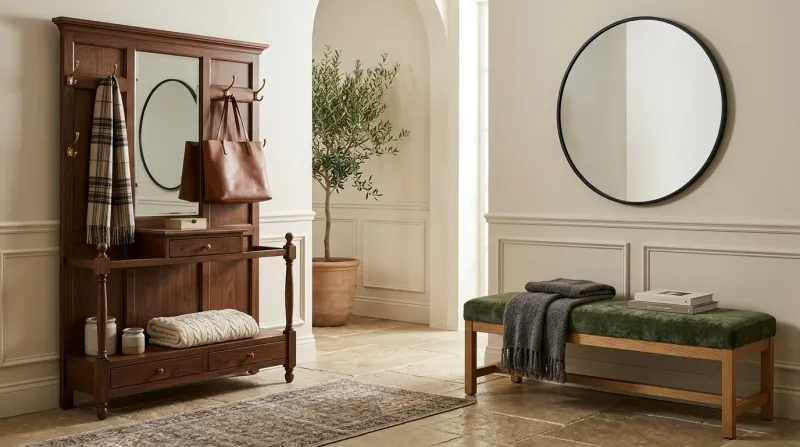 Editorial photo comparing a tall wooden hall tree and a low-profile storage bench side by side in a bright foyer