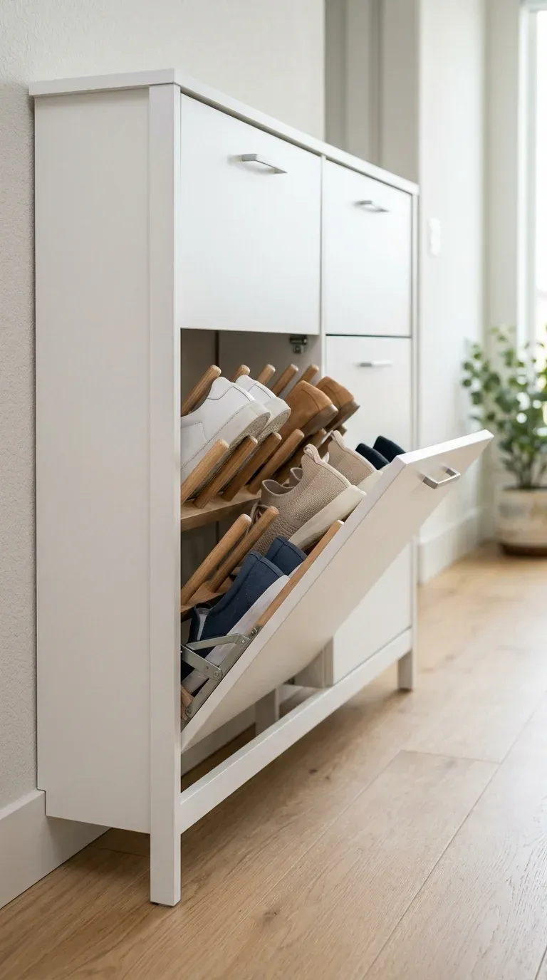 Slim white shoe storage bench with tip-out drawers tucked against a hallway wall beside a small entryway mirror