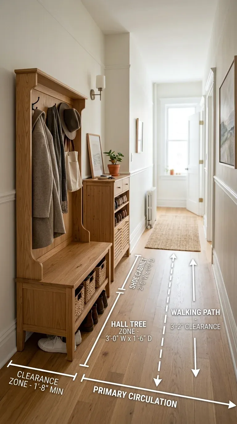 Floor plan of a narrow hallway entryway showing clearance zones around a bench and wall-mounted hooks so furniture depth never blocks the walkway