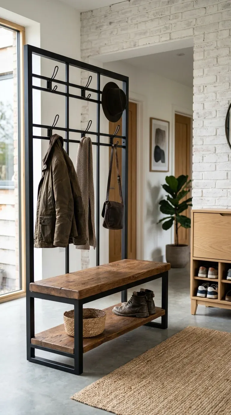 Industrial-style hall tree with shoe storage, black metal frame, rustic wooden bench, and double coat hooks in a busy mudroom