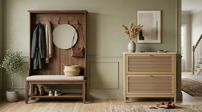 Hall tree with a built-in storage bench in a bright foyer, coats hanging from hooks above a wooden seat with open shoe cubbies underneath