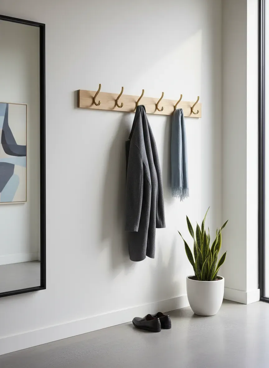 Modern hallway showcasing a minimalist wooden wall-mounted coat rack with sleek brass hooks