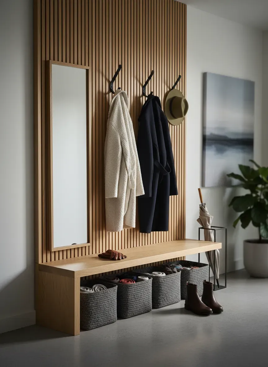 Bright entryway hallway with a wall-mounted wooden hook rail holding a tidy row of coats, bags, and scarves beside the front door