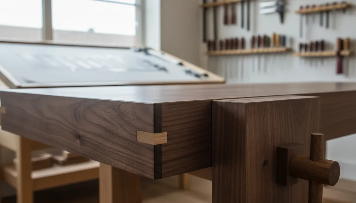Close up detail of solid wood joinery on a heavy duty bench