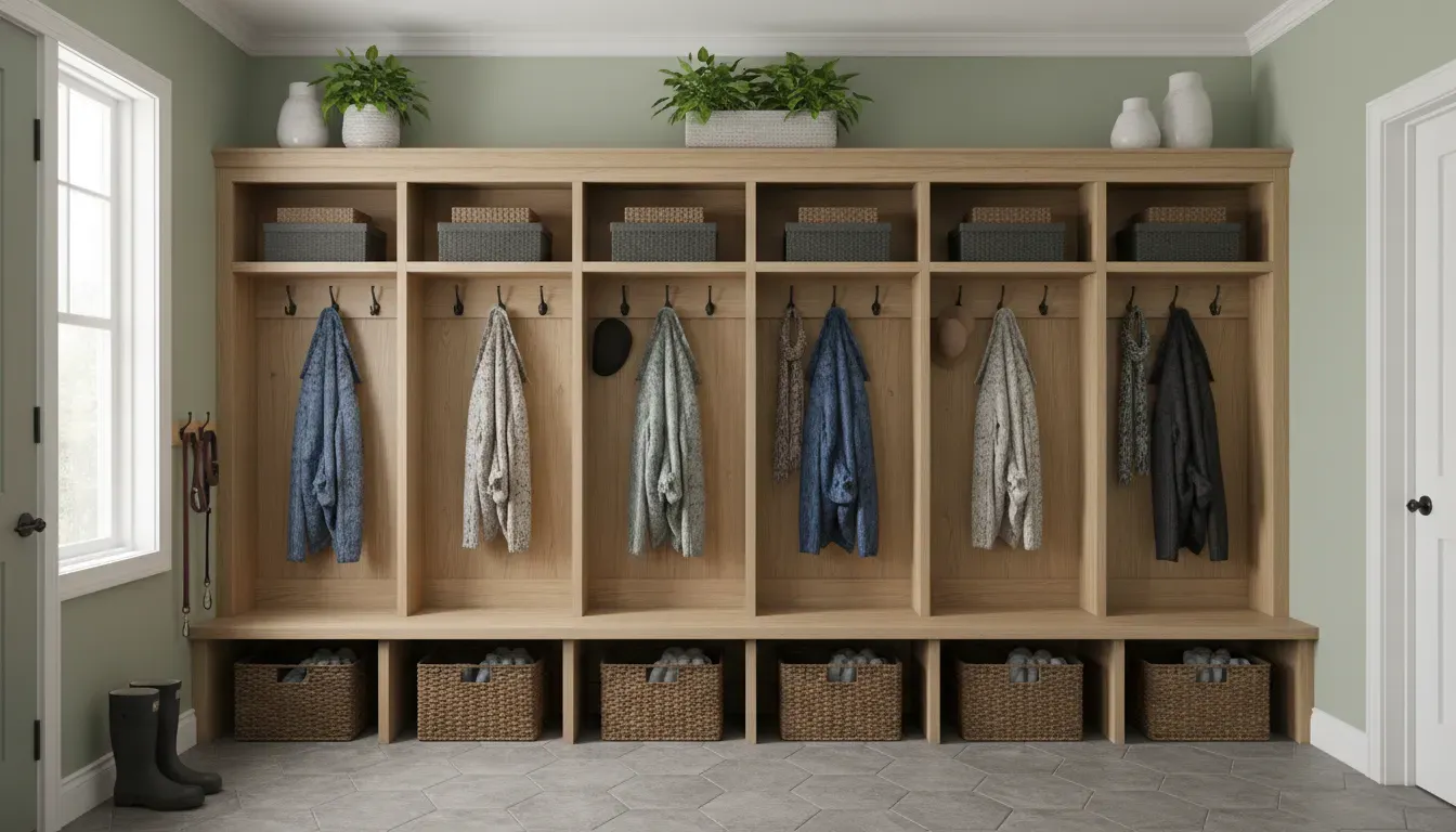 A large hall tree with coat hooks and bench storage in a mudroom