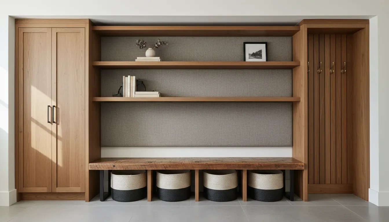 A custom built-in style entryway arrangement with a heavy bench and shelving