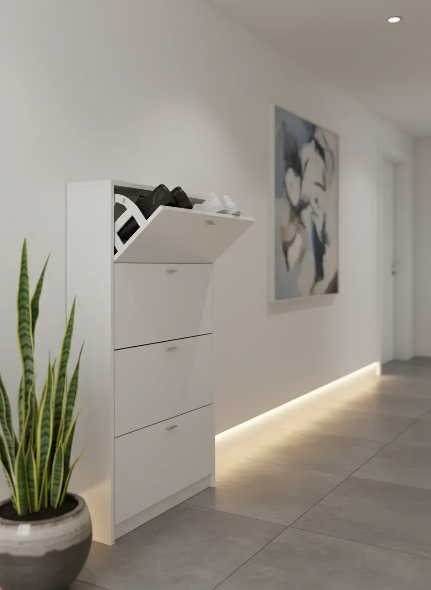 Sleek tilt-out shoe cabinet in a modern narrow hallway