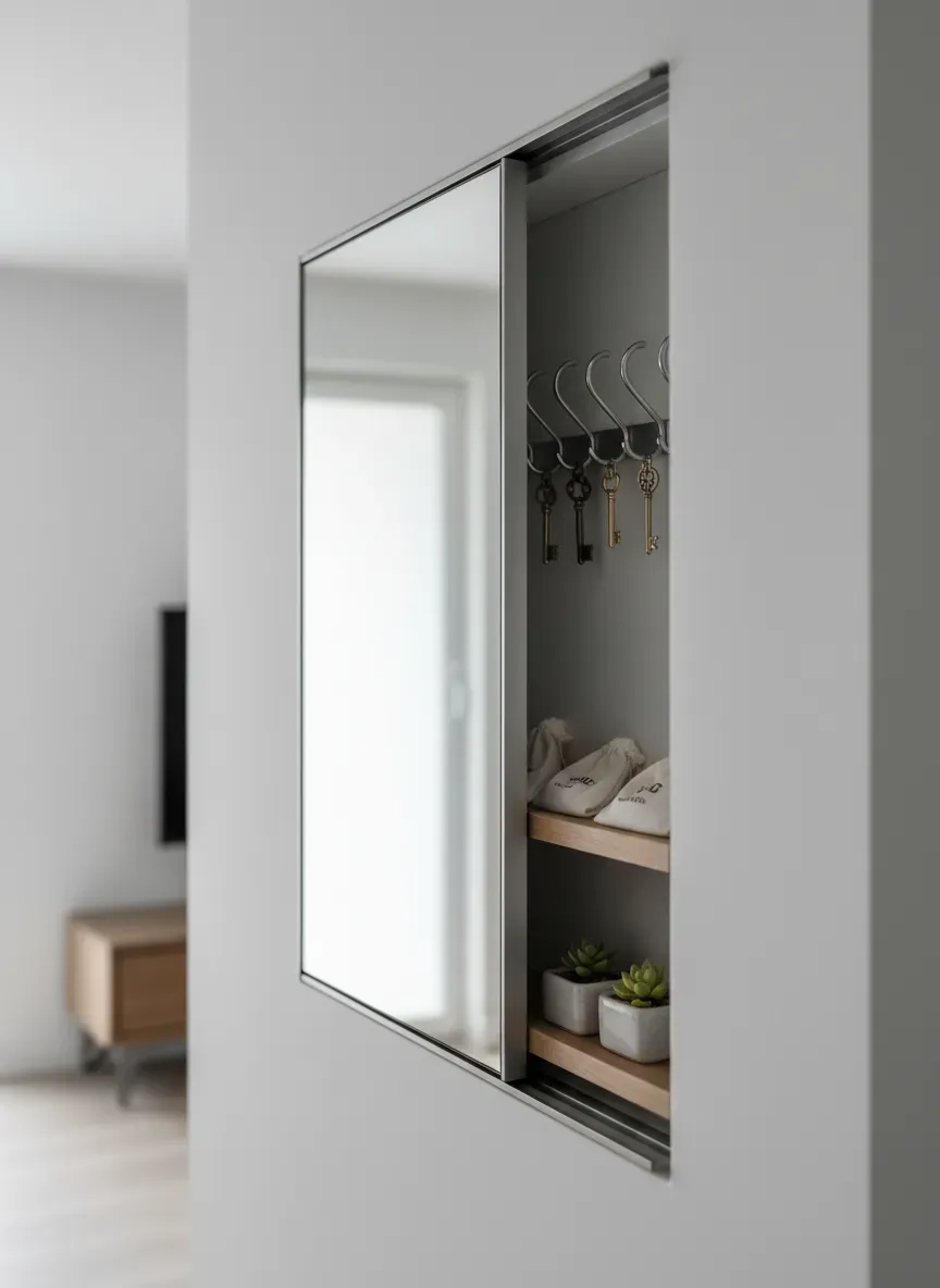 Sliding mirror revealing hidden key hooks and shelving