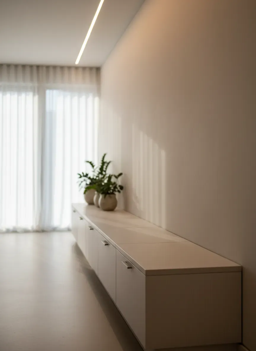Custom built-in bench with lift-top storage in narrow corridor