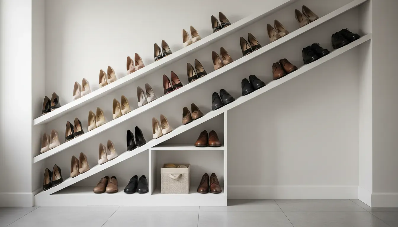 White entryway closet with slanted shelves displaying high heels and dress shoes