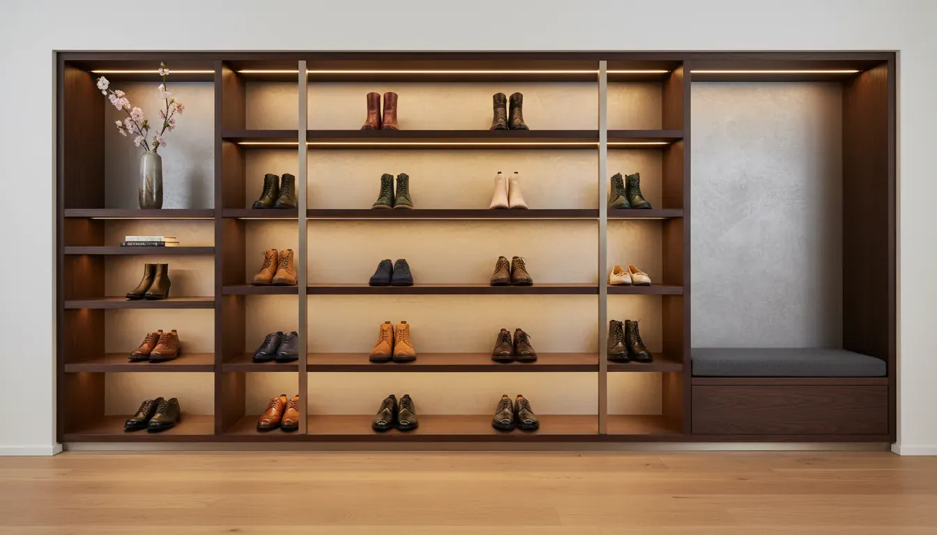 Custom built-in entryway shelving with LED lighting illuminating leather shoes