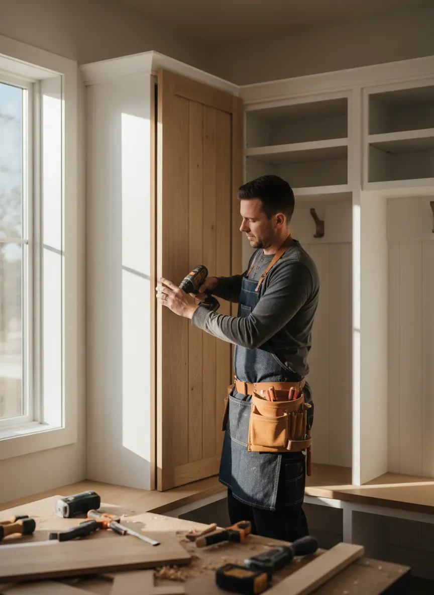 Professional carpenter installing custom mudroom lockers