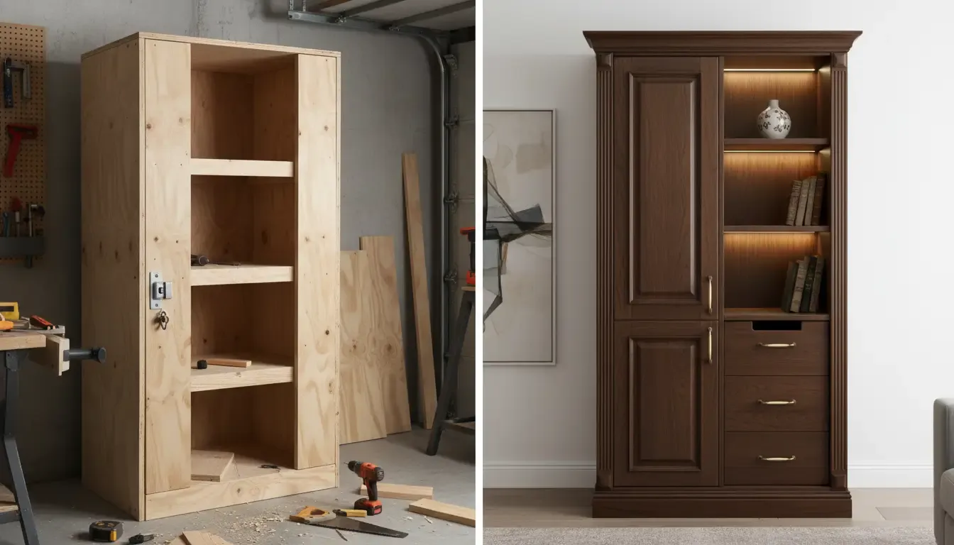 A split comparison image showing a basic DIY plywood locker on the left and a high-end finished custom cabinet on the right to illustrate cost differences.