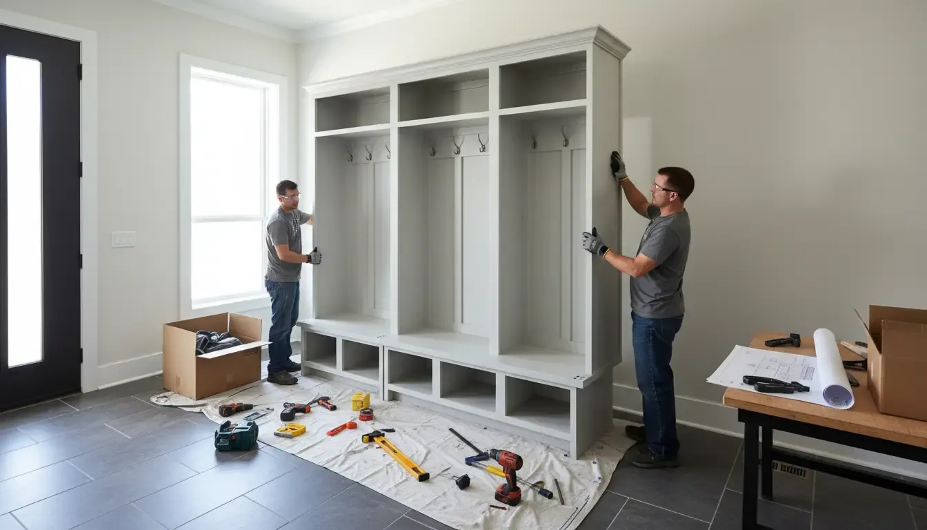 A semi-custom modular mudroom unit being installed, showing the assembly process and how individual units connect.