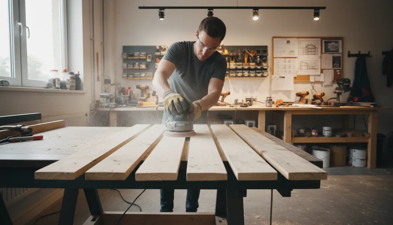 A person using an orbital sander on wooden pallet slats in a workshop environment