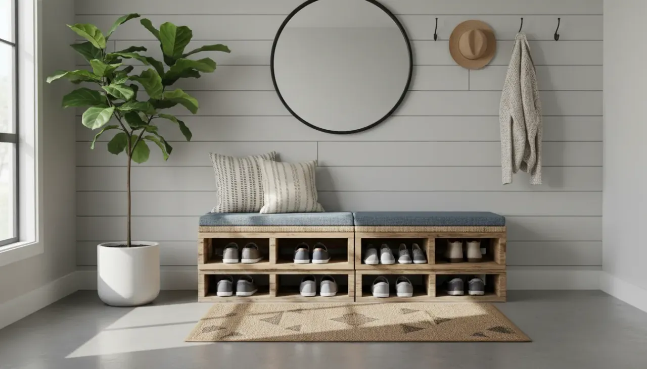 A rustic wooden pallet shoe rack positioned in a bright mudroom entryway holding boots and sneakers