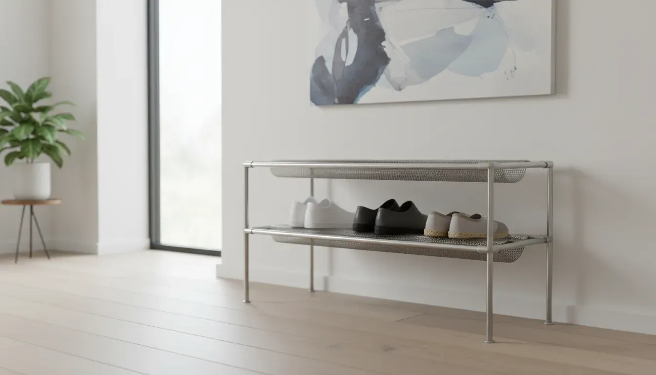 A modern stainless steel shoe rack in a bright hallway, showing no signs of rust or wear