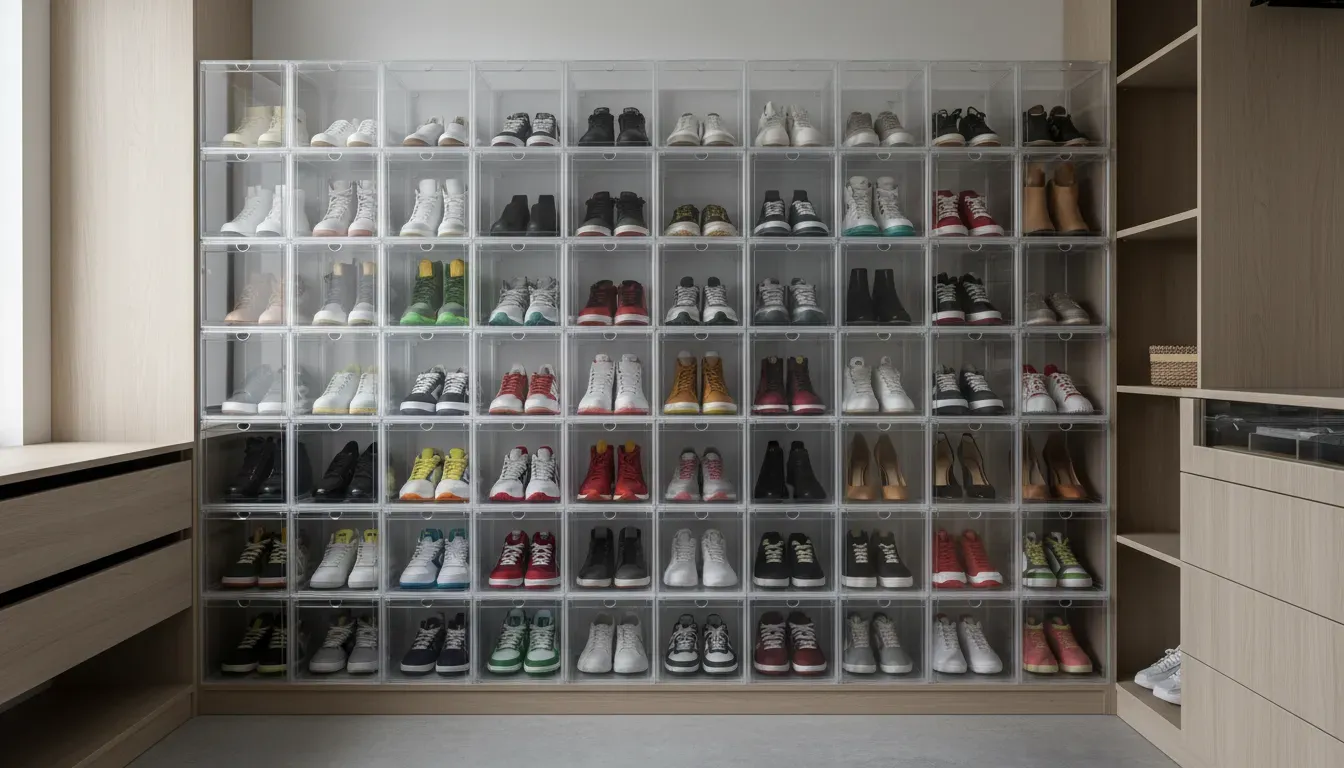 A collection of clear acrylic shoe boxes stacked neatly, demonstrating perfect transparency and care