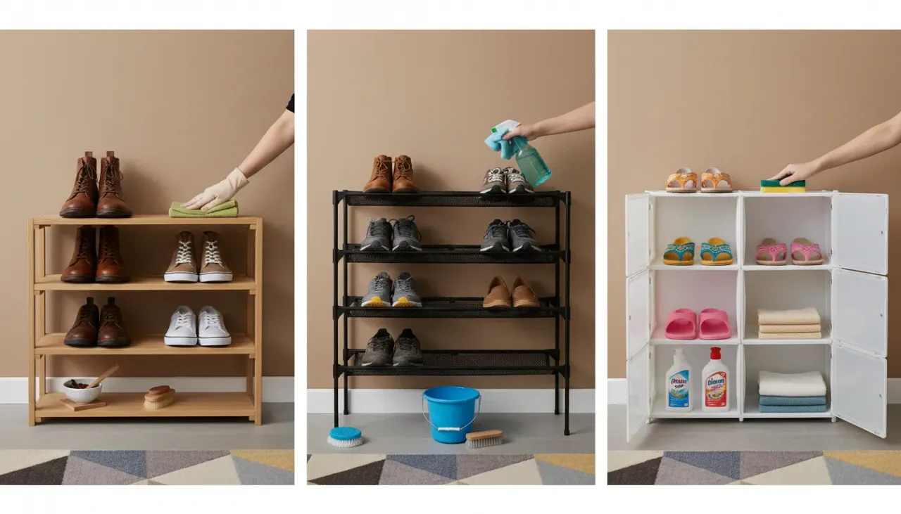 A pristine entryway featuring a combination of wood and metal shoe storage units, perfectly organized and clean.