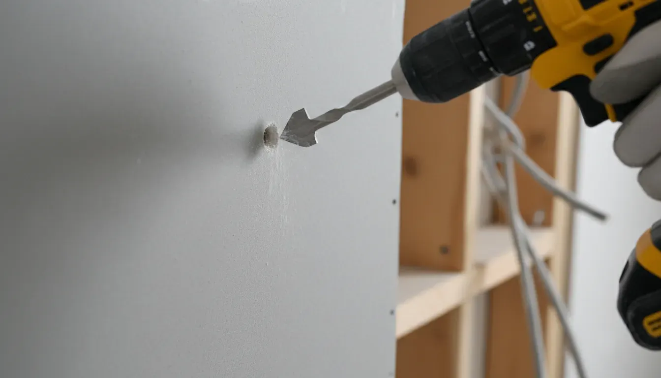 Close up of a cordless drill creating a pilot hole in a grey painted drywall