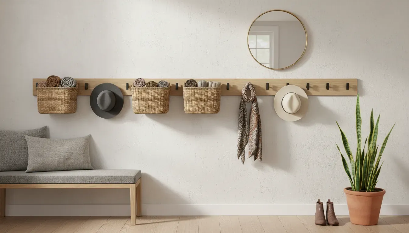A stylish entryway featuring a wall mounted rack with baskets, scarves and hats nicely organized