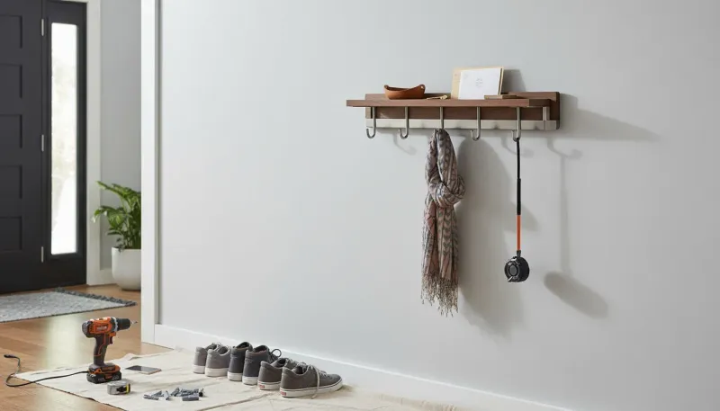 A modern wooden coat rack securely mounted on a painted drywall entryway wall holding heavy winter coats and bags