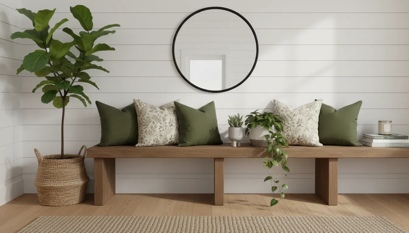 A styled entryway bench with green plants and decorative pillows
