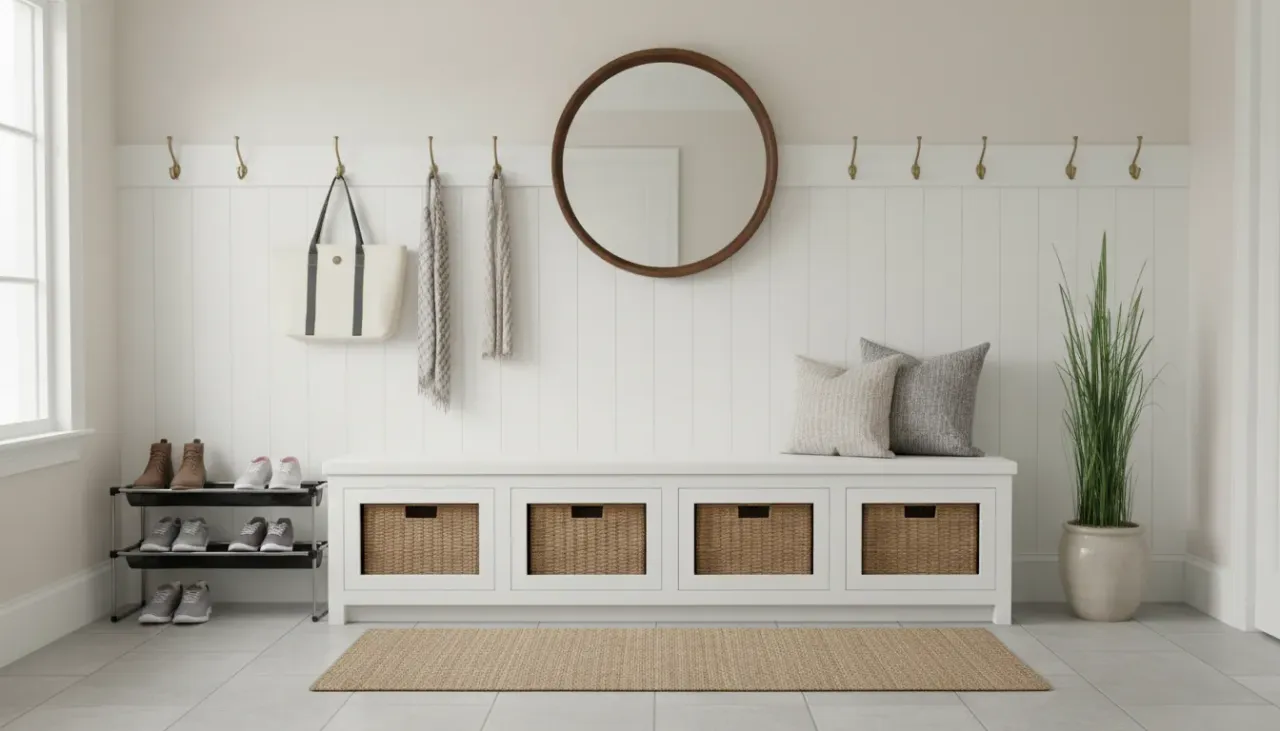 A pristine white entryway storage bench featuring wicker baskets and neatly arranged pillows in a modern foyer