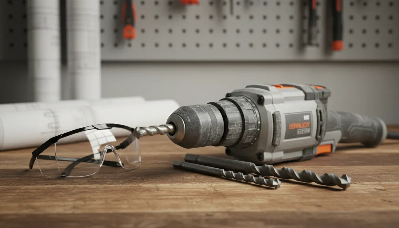 Close up of a hammer drill with masonry bits and safety goggles on a workbench