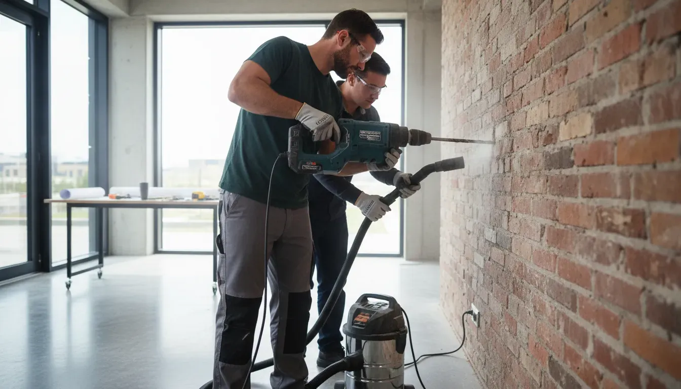 A person drilling into an exposed brick wall with a vacuum nozzle nearby to catch dust