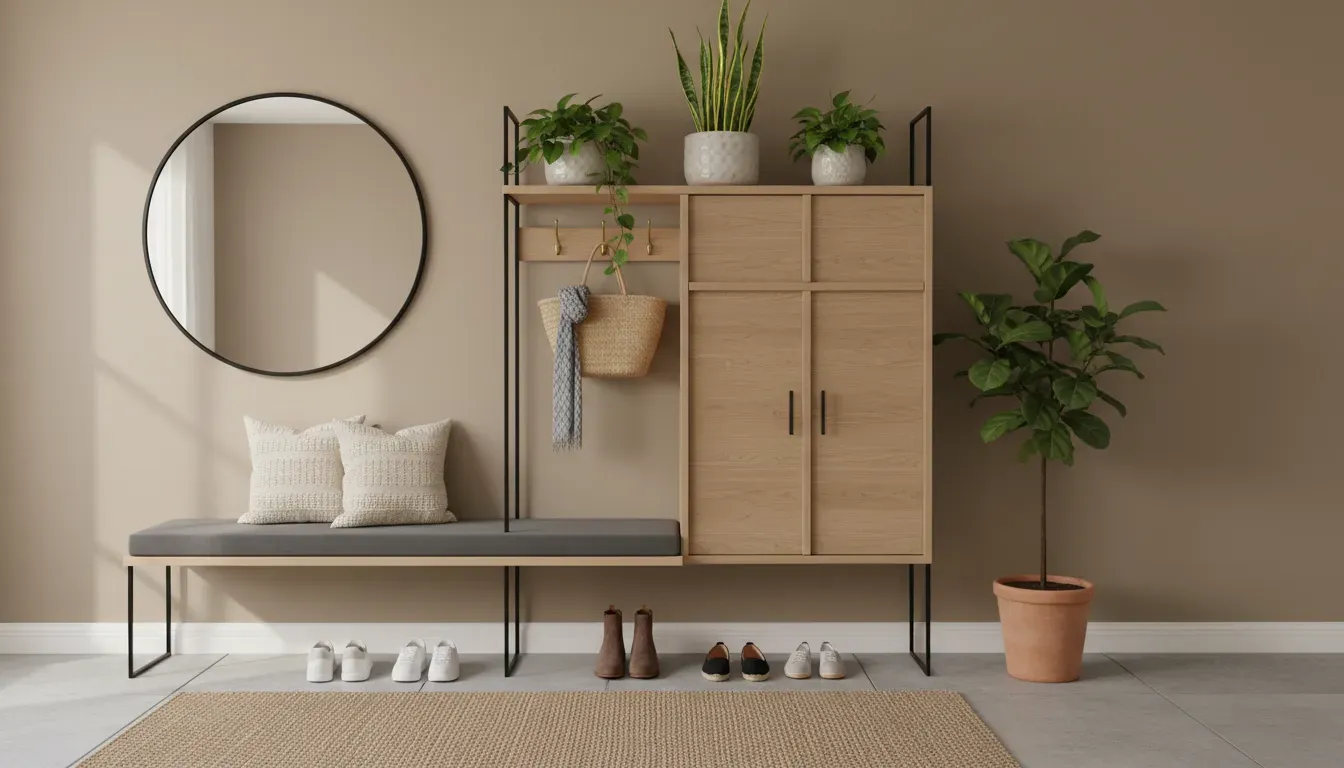 A beautifully styled entryway with a mounted organizer, plants, and shoes neatly arranged