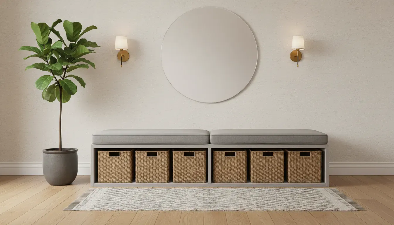 An elegant entryway featuring a grey storage bench with uniform wicker baskets underneath, flanked by a tall indoor plant and wall sconces