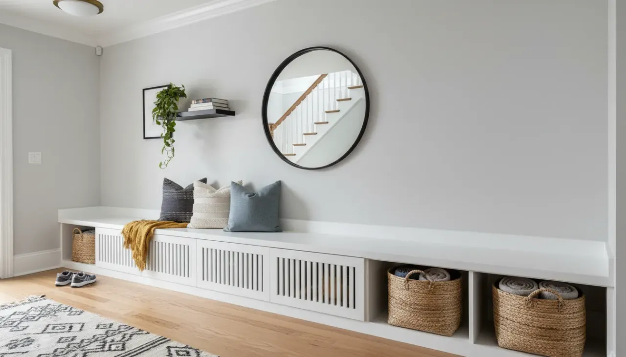 A modern farmhouse entryway featuring a wooden storage bench styled with linen pillows, a woven throw blanket, and rattan baskets underneath