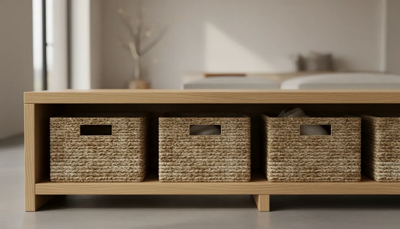 Detailed close-up of a light oak bench with woven baskets underneath