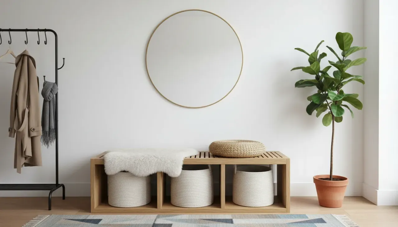 A light wood Scandinavian entryway bench with white drawers and a grey wool cushion in a minimalist foyer.