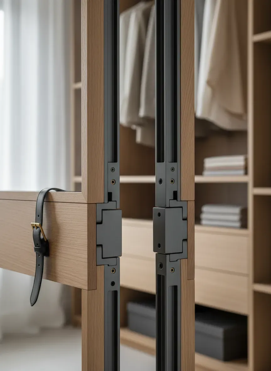 Detailed view of modular closet hardware and joinery