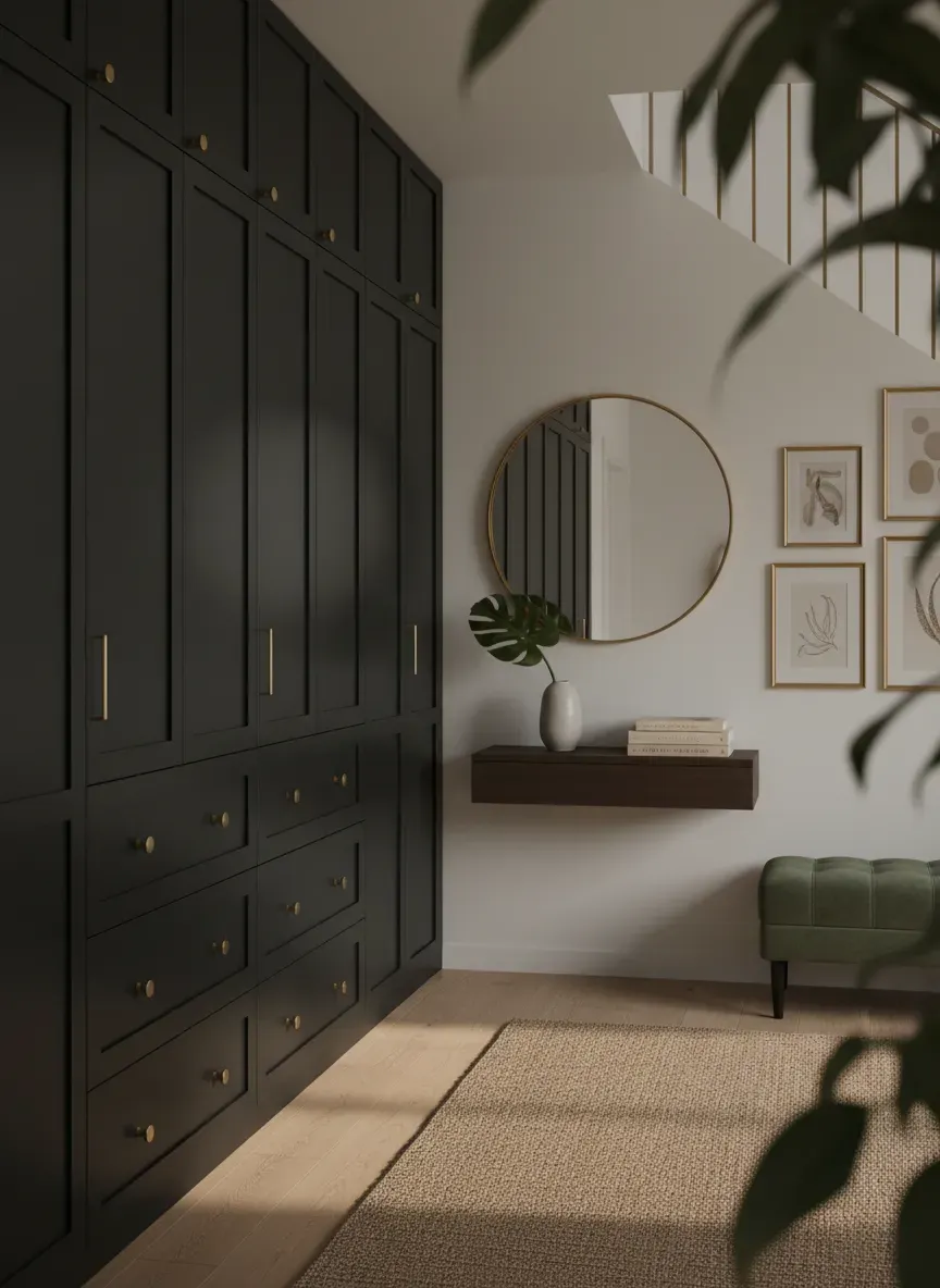 A completed high-end entryway with dark painted Pax cabinets and brass hardware