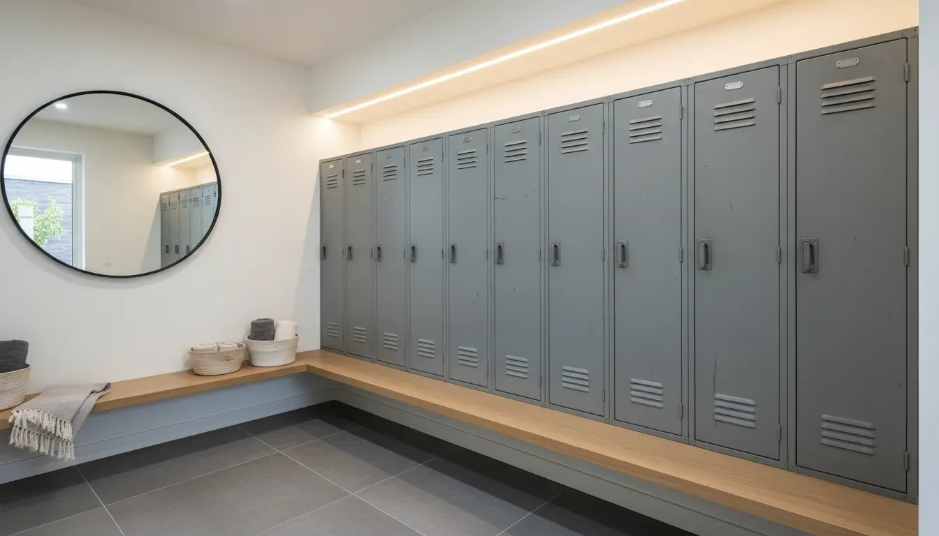 Row of vintage grey metal lockers with wooden bench seating in a modern mudroom