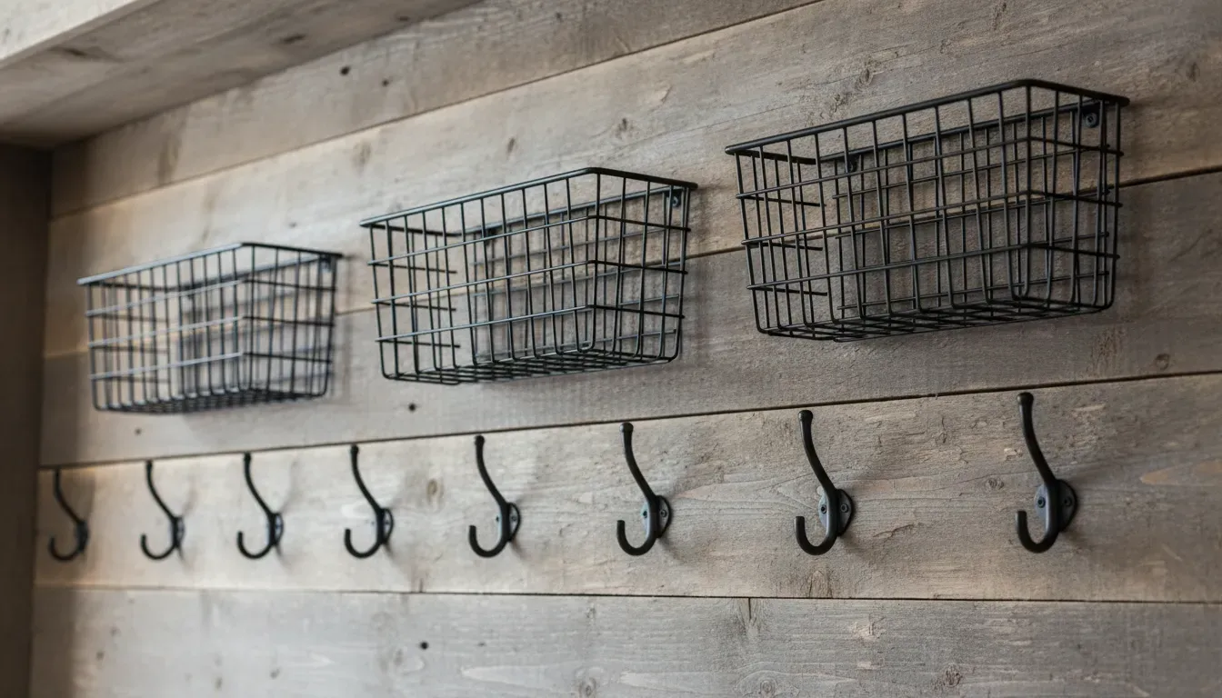 Detailed shot of black wire baskets and metal hooks on a rustic wooden mudroom wall