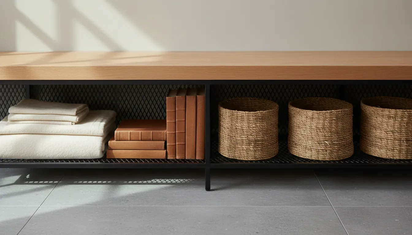 Detailed close-up of metal mesh storage shelves under a wooden bench seat