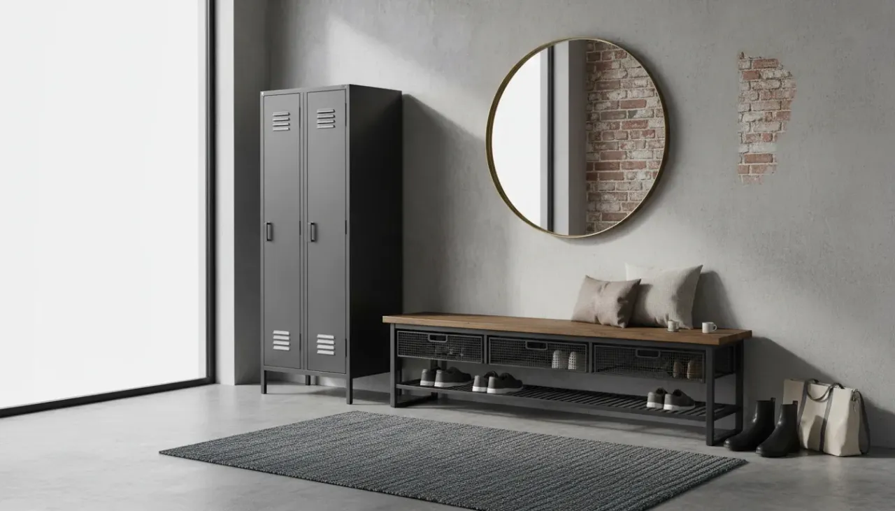 A sleek black metal entryway bench with wood accents and shoe storage in a modern industrial foyer