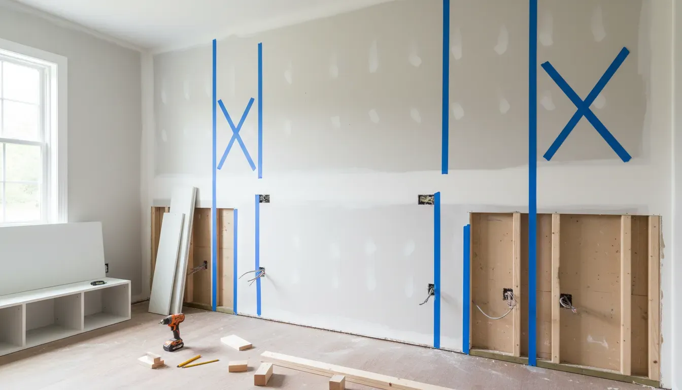 Wall with baseboards removed and studs marked with blue tape, ready for mudroom locker installation