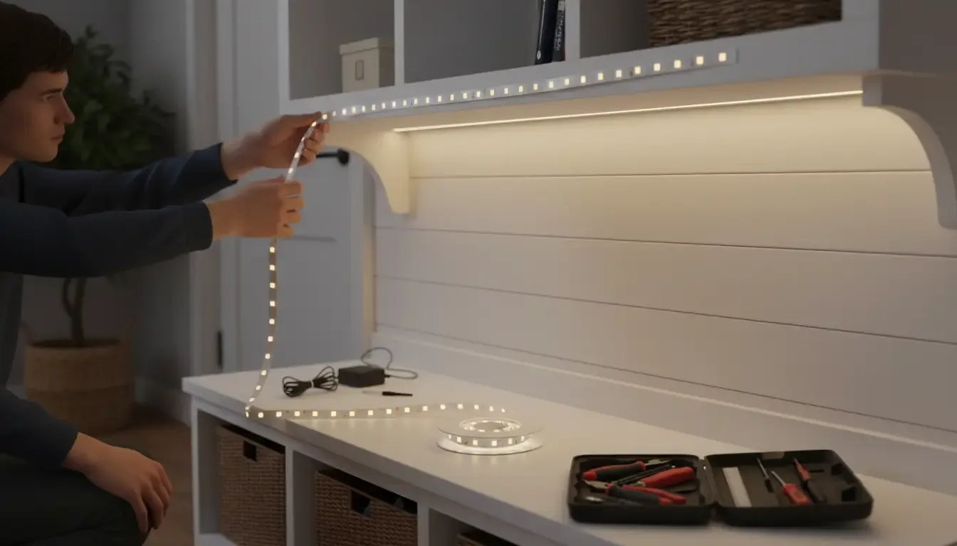 A DIY setup showing a hand installing an LED light strip under the shelf of a white hall tree, with a roll of lights and tools nearby