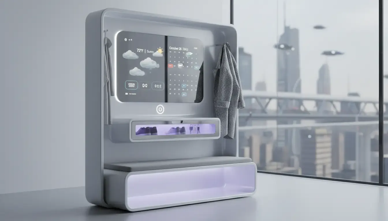 A futuristic concept art of a smart hall tree with a digital mirror displaying weather and calendar info, and a UV sanitizing drawer glowing softly