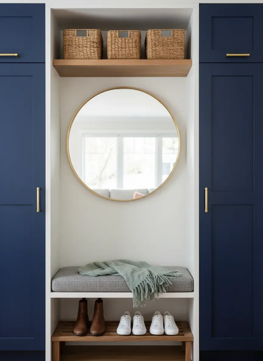 Traditional entryway built-in with inset doors and brass hardware