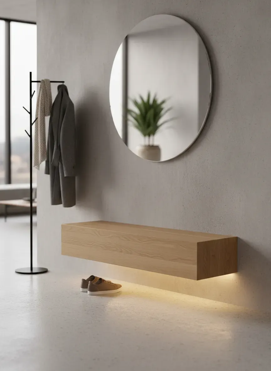Modern floating bench entryway with integrated LED toe-kick lighting