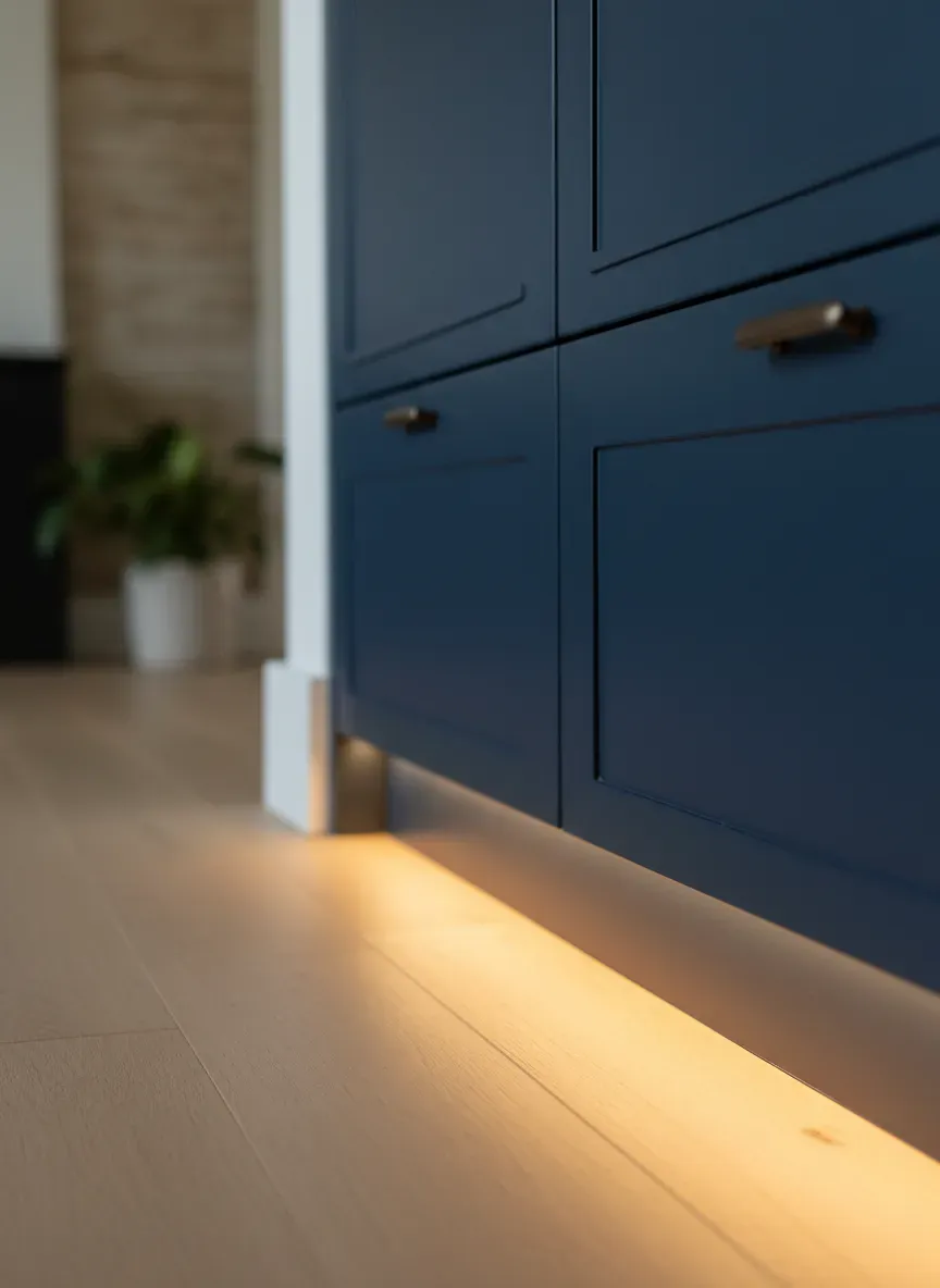 Close up of toe-kick lighting on a navy blue built-in entryway unit